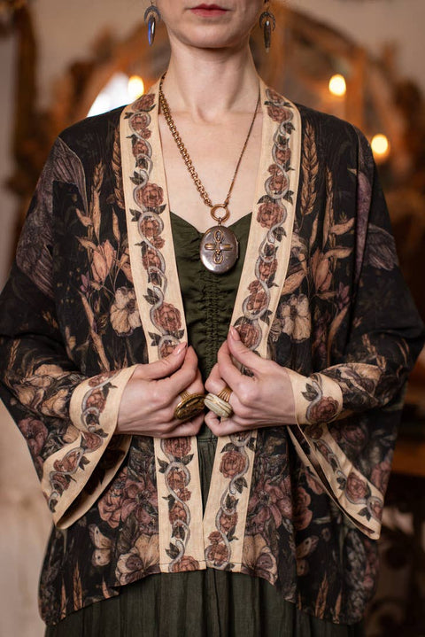 Pixie Duster Crop Kimono - Momento with Floral, Starling & Skull