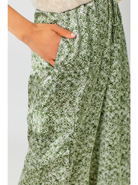 Pants - Satin Printed Cargo Olive Mix