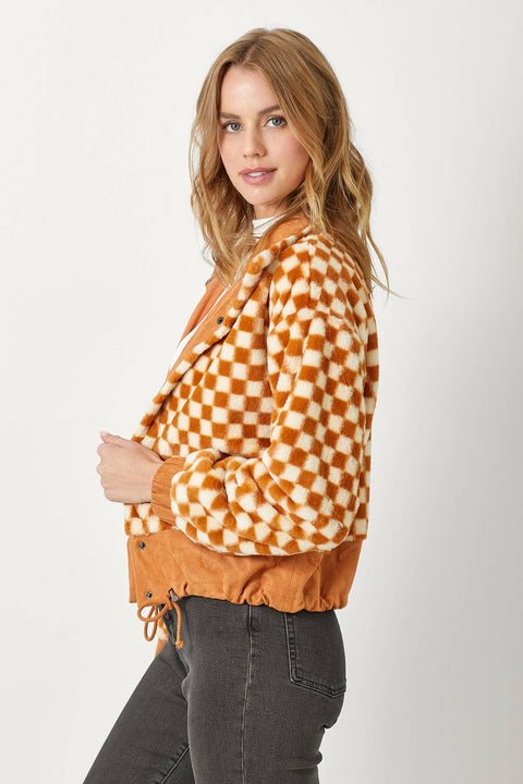 Checkered Faux Fur Jacket - Pumpkin