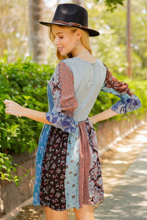 Women’s Boho Embroidered Side Pocket Western Mini Dress - Grey