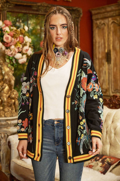 French Terry Cardigan - Hermione Night Floral Embroidery