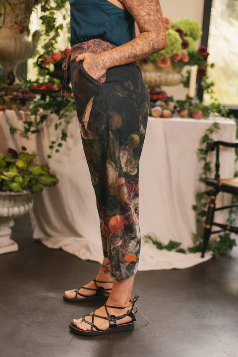 Linen Cropped Artist Pants - Flight of Fancy with Hummingbird