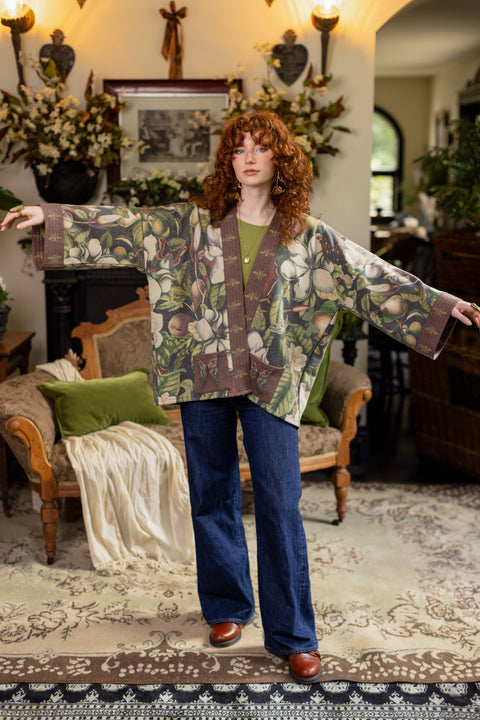 Fleece Cottage Cardigan Jacket - Fleur De Lune with Floral Print