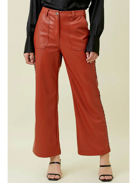Pants - Piping Faux Leather Brick Red