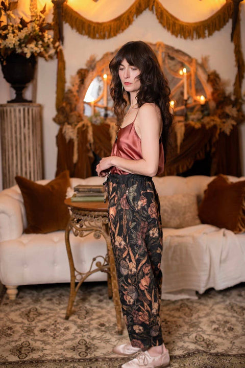 Linen Crop Artist Pant - Momento with Floral Print & Skull