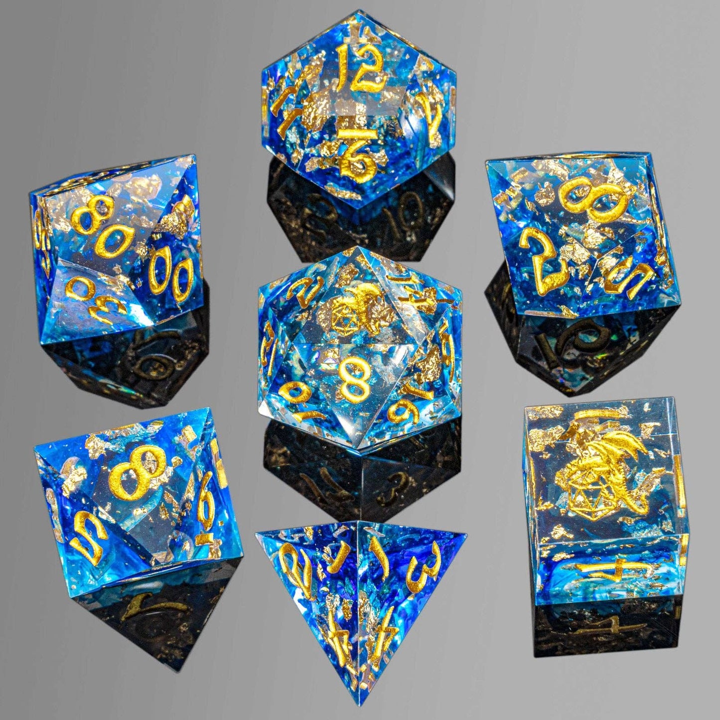 Captured Magic Hand Sanded Sharp Edge Resin Dice Set - Blue Gold