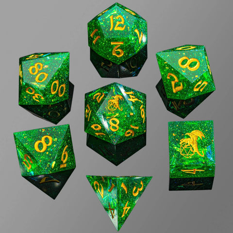 Captured Magic Hand Sanded Sharp Edge Resin Dice Set - Green + Gold
