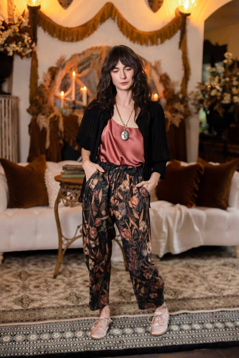 Linen Crop Artist Pant - Momento with Floral Print & Skull