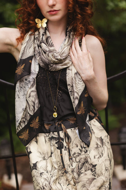 Scarf  - Honey & The Moon with Neutral Floral Print & Bees
