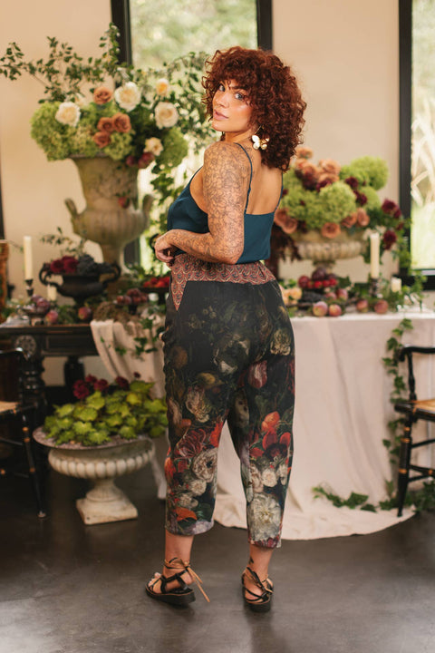 Linen Cropped Artist Pants - Flight of Fancy with Hummingbird