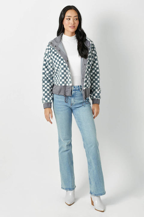 Checkered Faux Fur Jacket - Denim Blue