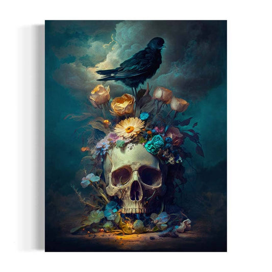 Skull With Flowers and Raven Art Print RD316