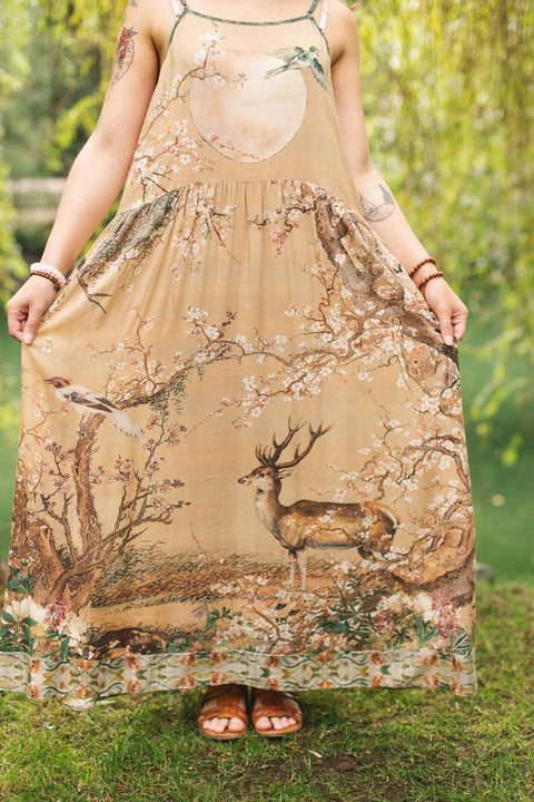 Long Maxi Slip Dress - Fable Bohéme w/ Blossoms, Deer & Moon