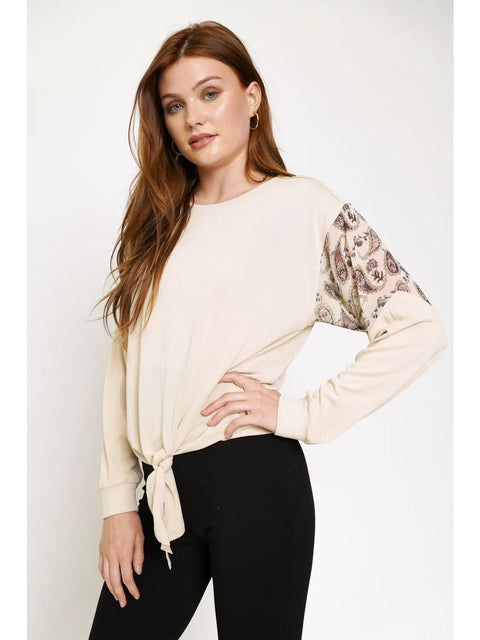 Top - Tie Front Paisley Modal Ivory