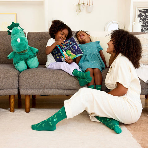 Kids Socks that Give Books - Green Dinosaurs