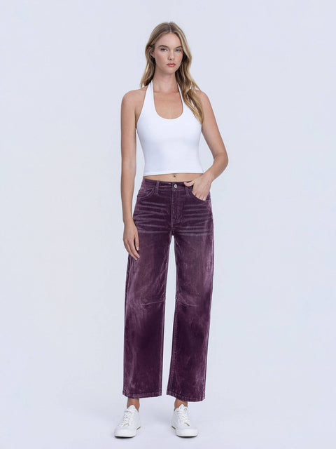 Jeans - High Rise Velvet Flocked Barrel Leg: Purple
