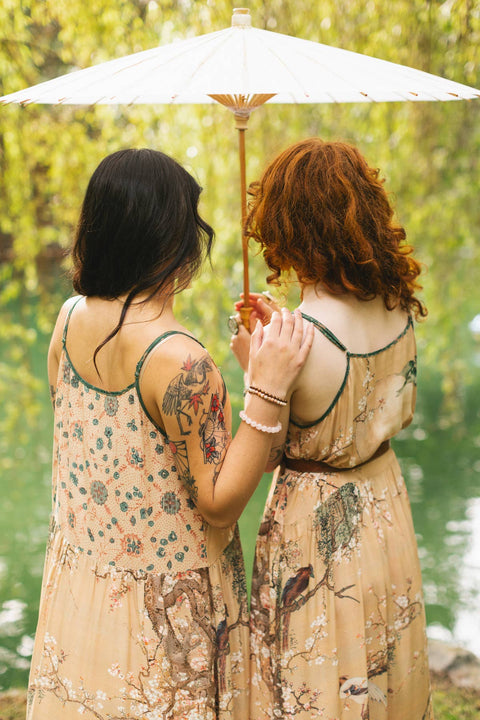 Long Maxi Slip Dress - Fable Bohéme w/ Blossoms, Deer & Moon