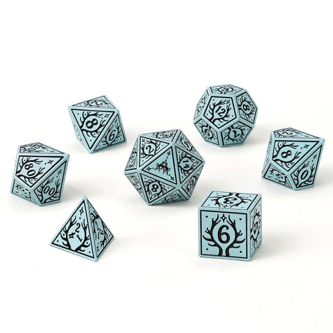Solid Metal Druid RPG Dice Set - Pale Cyan with Black
