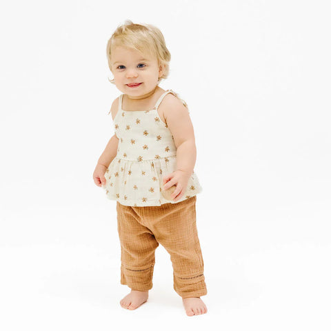 Peplum Tank & Smocked Waist Pants - Bitty Blooms Ladder Trim
