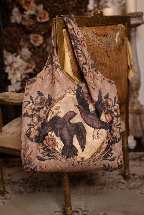 Linen Tote Bag - Momento with Starling, Skull & Floral Print