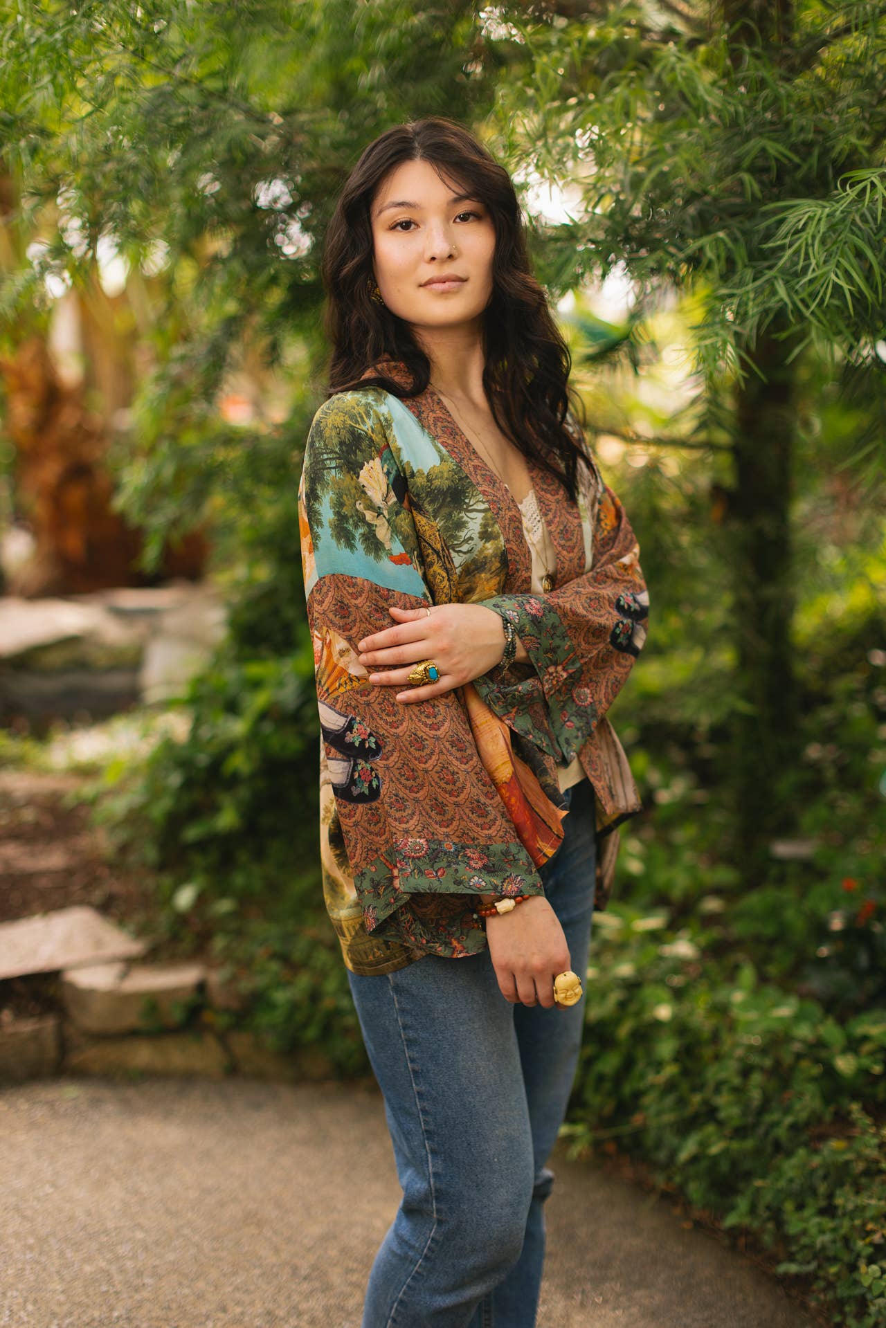 Cropped Bamboo Kimono Cardigan - Secret Garden with Swan