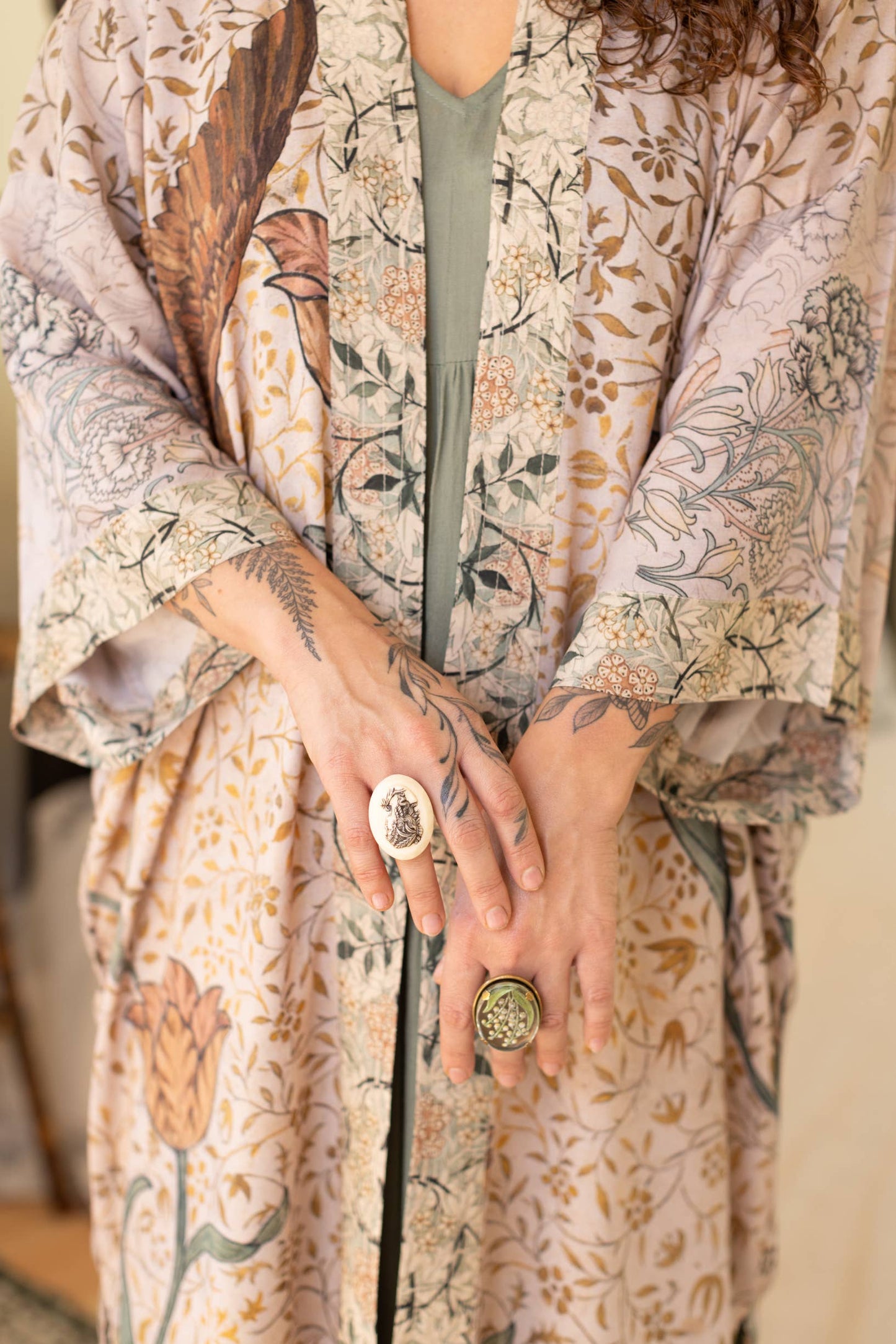 Opera Bamboo Floral Bird Kimono Duster Robe - Folklore