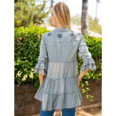 Women’s Mexican Embroidery Blouse - Gathered Waist Shirt: Gravel (Plus Size)