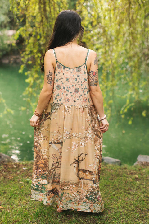 Long Maxi Slip Dress - Fable Bohéme w/ Blossoms, Deer & Moon