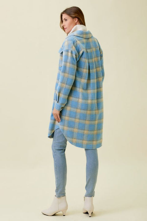 Jacket - Fringe Placket Plaid Soft Blue