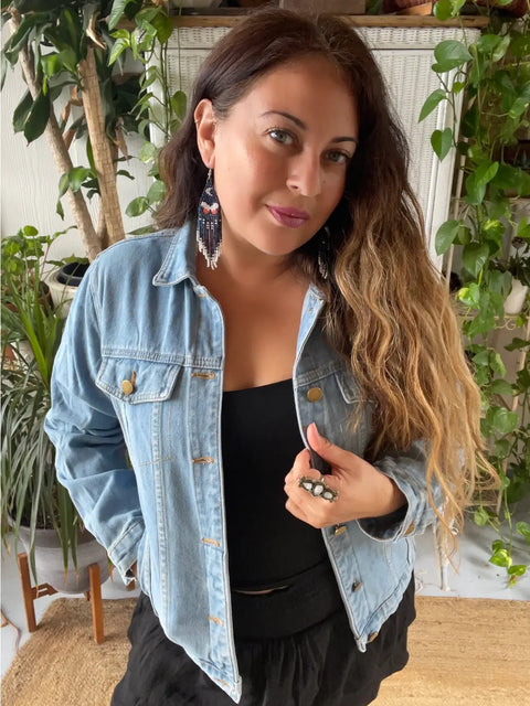 Denim Fringe Jacket - Embellished Embroidered Evil Eye