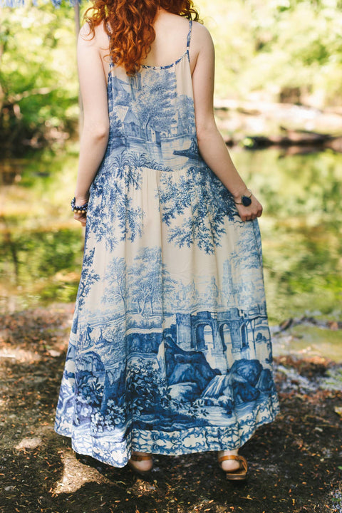 Bohéme Long Maxi Slip Dress - Let the Light In with Delft Print