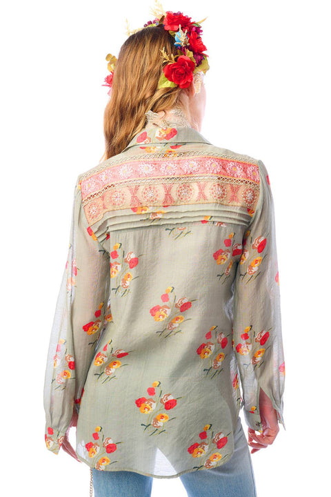 Mia Grace Shirt - Spring Shirt Dress: Light Olive Floral