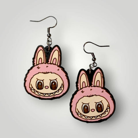 Earrings (Hand Painted Wood) - Labubu Monster Pink