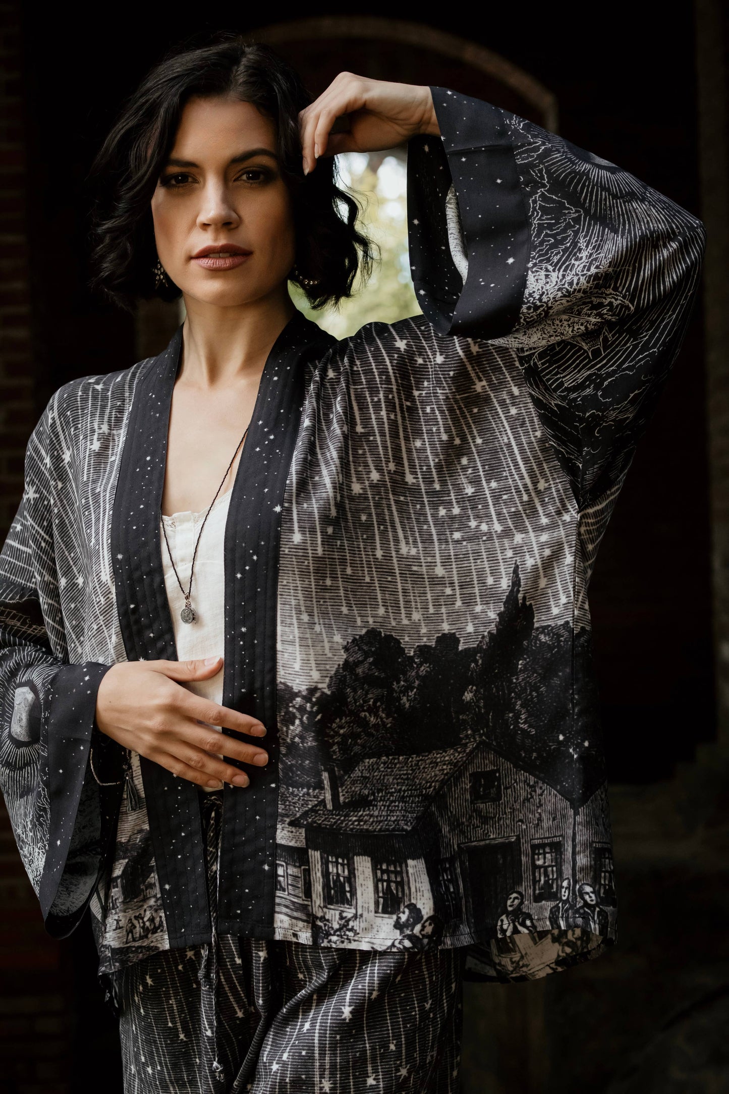 Cropped Bamboo Kimono Cardigan - Stargazer with Falling Stars