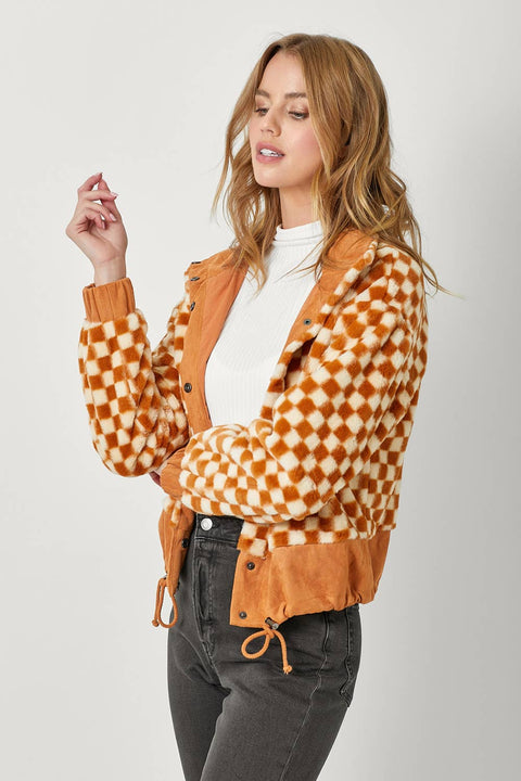 Checkered Faux Fur Jacket - Pumpkin