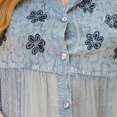 Women’s Mexican Embroidery Blouse - Gathered Waist Shirt: Gravel (Plus Size)