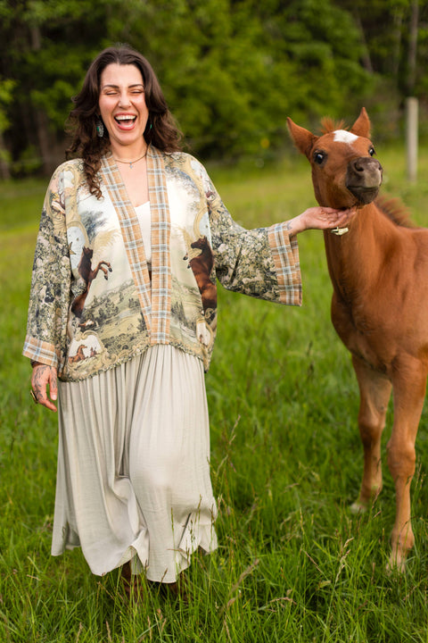 Pixie Duster Crop Kimono - Born to Run  w/ Horse & Flower Print