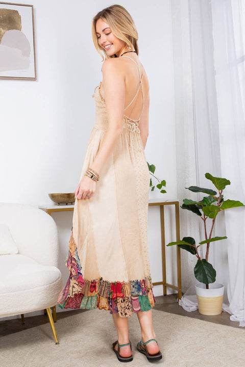 Boho Mid-Length Dress - Sun-Kissed Patchwork Smocked Bliss Latte