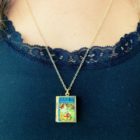 Necklace - Book Locket Alice in Wonderland Rabbit Running Late: Brass