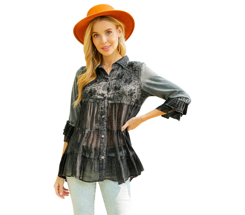 Women’s Mexican Embroidery Blouse - Gathered Waist Shirt: Gravel (Plus Size)