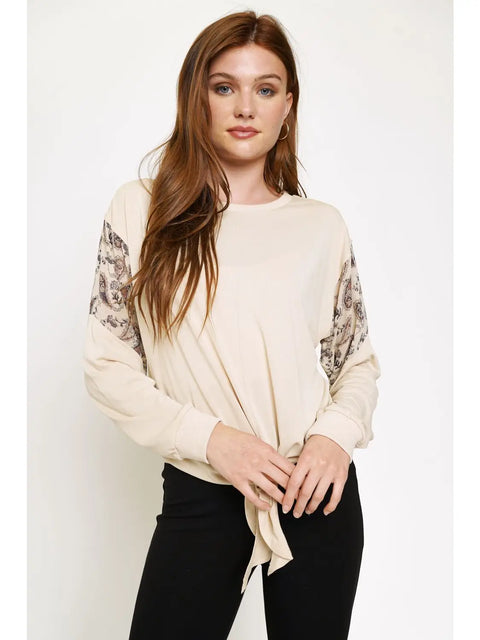 Top - Tie Front Paisley Modal Ivory