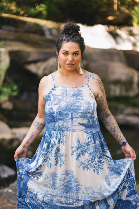 Bohéme Long Maxi Slip Dress - Let the Light In with Delft Print