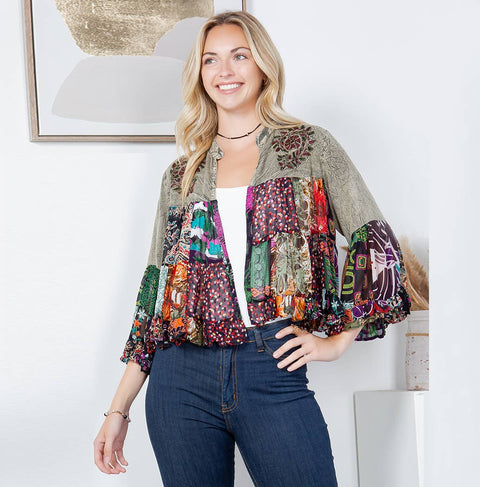 Tiered Patchwork Cropped Shrug - Vintage Bohemian Gravel