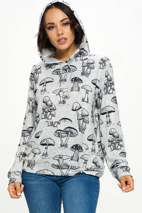 Hoodie - Black and White Mushroom Print (Plus Size)