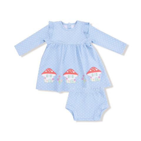 Dress with Diaper Cover - Blue Dot with Mushroom House