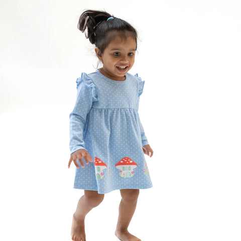 Dress with Diaper Cover - Blue Dot with Mushroom House