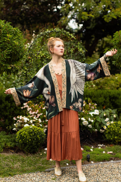 Pixie Crop Kimono - Under My Wing Swan & feathers