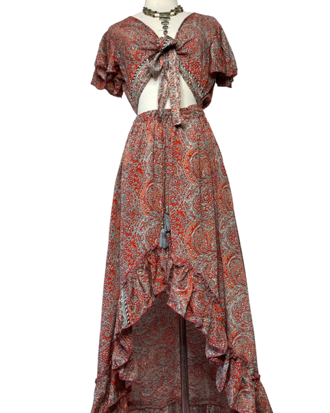 Dress - Tie Front Cut Out High Low Silk (Red)