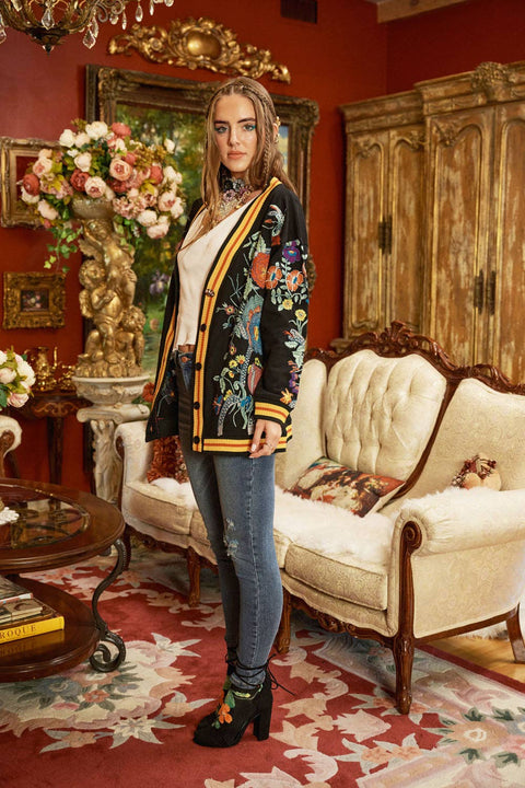French Terry Cardigan - Hermione Night Floral Embroidery