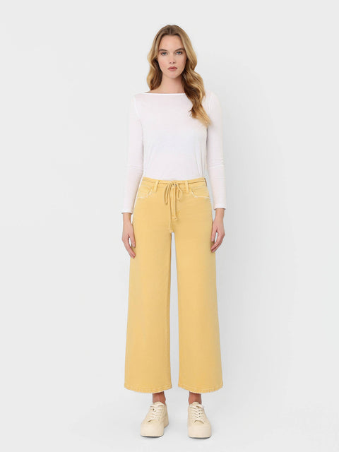Jeans - High Rise Drawstring Crop Wide Leg: Marigold
